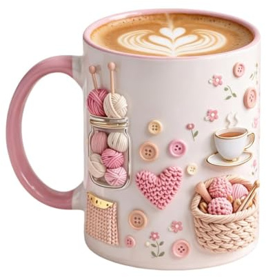 3D-Optik Strick- & Näh-Zubehör Tasse – Kreativer Keramik-Becher | 330ml Kaffeebecher mit Häkel-Motiv, Ästhetisches Geschenk für Mama, Schwester & Handarbeits-Fans