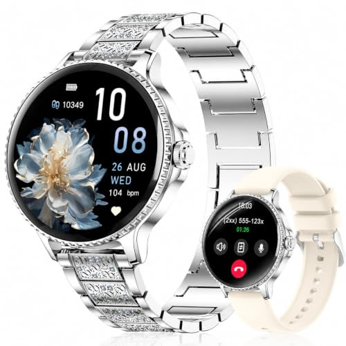 Fitonme Smartwatch Donna Rotondo, Display HD da 1,27, IP68, 2 Cinturini | Chiamate Bluetooth, frequenza cardiaca, SpO2, sonno, passi, 120+ sport, Android iOS, strass elegante e silicone sportivo