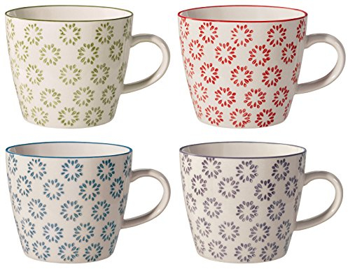 Bloomingville Tassen mit Henkel Isabella Retro Kaffeetasse Teetasse Vintage dickwandige ø 9,5 x H 8 cm, grün rot blau lavendel, Keramik, 4er Set, fasst ca. 280 ml