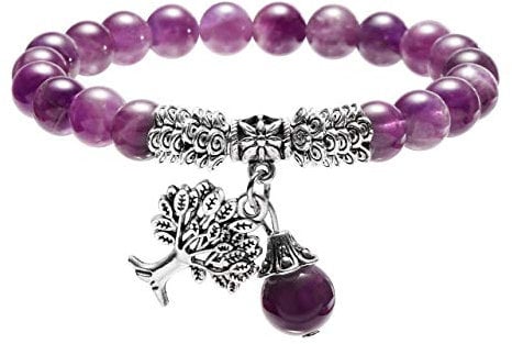 JSDDE Amethyst Tree of Life Stretch Bracelet Reiki Healing Crystal Gemstone Beads Bracelet, Birthstone Lucky Stone Jewelry(6.2)