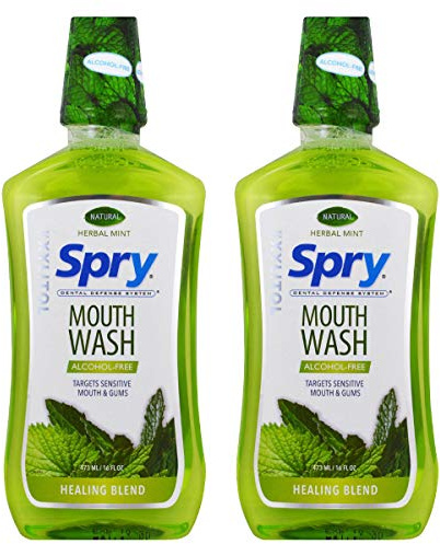 Spry Natural Xylitol Mouthwash Fluoride Free with Enamel Support, Alcohol-Free, Gentle, Non-GMO, Herbal Mint - 16 fl oz (Pack of 2)