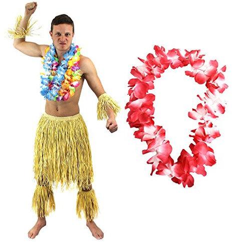 I LOVE FANCY DRESS HAWAIIANER SÜDSEE ZULU KÄMPFER KOSTÜM VERKLEIDUNG=6 TEILIGE=1 ROTE LEI/BLUMENKETTE+2 BEIN STULPEN+2 ARM STULPEN+BASTROCK=HÜFTUMFANG UNGEFÄR -76-137cm+LÄNGE UNGEFÄHR - 58cm