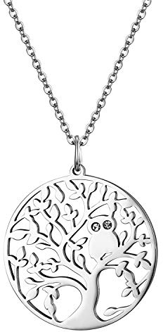 JewelryWe Schmuck Damen Halskette Edelstahl Baum des Lebens Eule Anhänger Kettenanhänger mit Weiß Strass 45CM Kette Silber