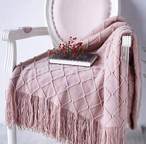 OliveSleep Gestrickte Überwurfdecke mit Fransen, leicht, weich, warm (Rosa, 125 x 152 cm)