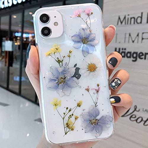 Tybiky iPhone 11 Pro Hülle, Real Flower HandyHülle klare TPU Schutzhülle Shock Echte Blumen Schutzhülle Compressed Dried Flowers Handy Hüllen Case Cover für iPhone 11 Pro, 3 lila 1 Weiß