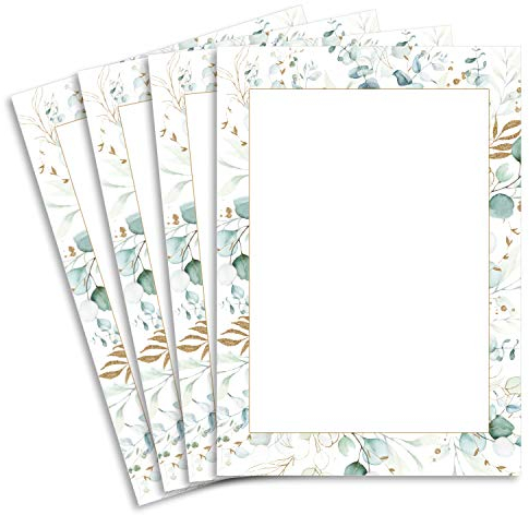 25 Briefbogen DIN A4 - Naturpapier in Creme - Rahmen mit Eukalyptus-Zweigen - 120 g/m² - 21,0 x 29,7 cm Briefpapier bedruckbar zum selbst Beschreiben ideal für Einladungen zu Hochzeit und Geburtstag