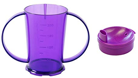 NuHorizons Healthcare Products Two Handled Graduated Beaker with Lid - Pack of 1-200ml Adult Feeder Cup - Drinking Aid (Colour Purple, Narrow Spouted Lid)