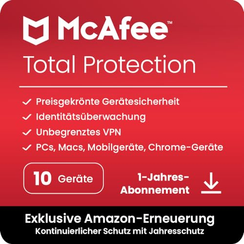 McAfee Total Protection (10 Geräte) 2025 |Secure VPN, Sicherheitssoftware mit Virenschutz, Kennwort-Manager, Identitätsüberwachung | Amazon Abonnements