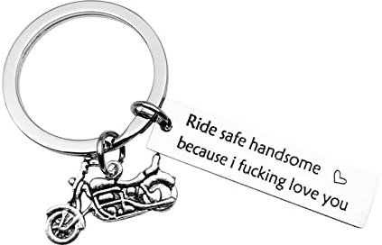 Porte-Clés Pas Cher Acier Inoxydable, Anneau de Porte-Cles Moto avec Étiquette Porte Clef Argent Gravé Ride Safe Handsome Cadeau Femme Homme