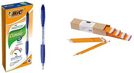 BIC Kugelschreiber Set Atlantis Classic, in Blau, Strichstärke 0,4 mm, nachfüllbar, 12er Pack & Amazon Basics - Holzgefasste Bleistifte, HB, vorgespitzt, 30er-Pack