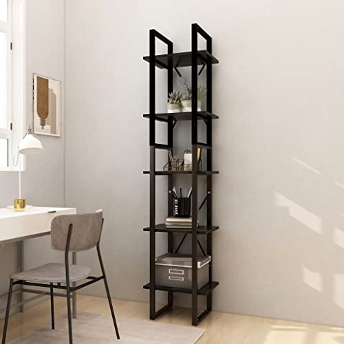 WIFESE Holz Bücherregal 5 Fächer 40x30x175 cm Holzregal Standregal Bookshelf Stufenregal Metallregal Regale Industrie Style Lagerregal Leiterregal Regal für Wohnzimmer Schwarz Massivholz Kiefer