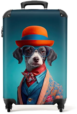 NoBoringSuitcases© Koffer Handgepäck Trolley Rollkoffer Kleine Reisekoffer | 55x35x20 cm - mit 4 Rollen - Hund - Jacke - Blumen - Porträt - Blau - Fotokoffer - Kabinenkoffer - Boardgepäck