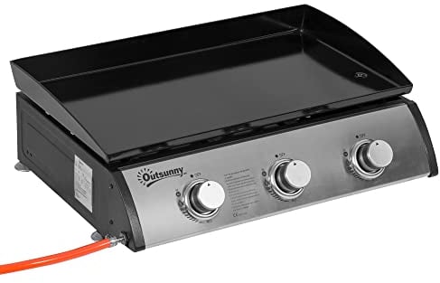 Outsunny Gas Plancha Grill with 3 Stainless Steel Burner, 9kW, Portable Tabletop Gas BBQ with Non-Stick Griddle for Camping Picnic Garden Party Festival