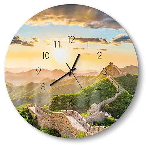 DEQORI Glasuhr | rund Ø 50 cm | Motiv Chinesische Mauer | große XXL Design Uhr aus Glas | leise Wanduhr für Wohnzimmer & Küche | Moderne Hingucker Uhr für die Wand