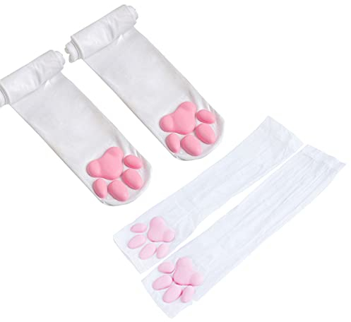 ztowoto Süße Katze Pfote Pad Oberschenkel Hohe Socken, Rosa 3D Kätzchen Klaue Fäustlinge Lange Fingerlose Handschuhe für Mädchen Frauen Katze Cosplay