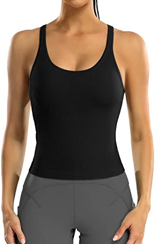ATTRACO Ribbed Racerback Crop Tank Tops with Built-in Bra | Removable Pads, Scoop Neck, Waist Length, Slim Fit, Seamless Stretchy, Soft, Workout, Yoga, Gym, Athletic Tops