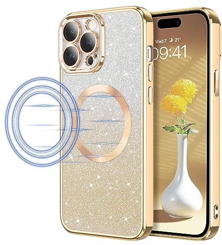 DOMAVER Magnetisch Hülle für iPhone 14 Pro Glitzer, Handyhülle iPhone 14 Pro 6.1 Case Kompatibel mit MagSafe, TPU Silikon Stoßfeste Kratzfest Crystal Magnetic Schutzhülle, Farbverlauf Gold