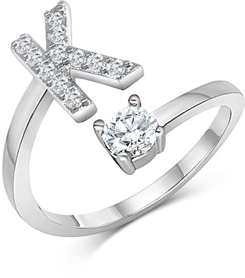 Zelaro Silber Ring mit Buchstabe | Zirkonia Ring mit Initialen | Pärchen Ringe für Mädchen Geschenk für Freundin | Frauen Ring als Schmuck Ringe zum Jahrestag | Verstellbare Ringe in Silber (K)