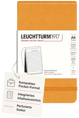 LEUCHTTURM1917 Notizblock Pocket A6, Hardcover, 184 Seiten, Liniert | Rising Sun, perforierte Blätter, Fadenheftung, Inhaltsverzeichnis, Verschlussgummi, 80 g/m²