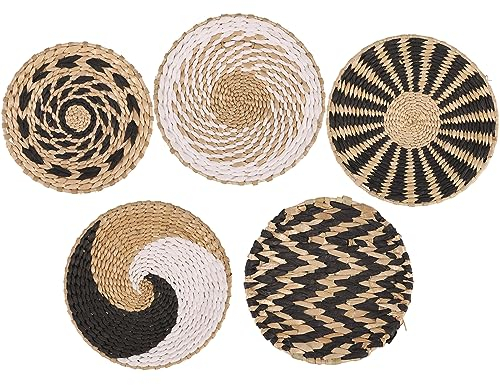 PandaHug 5Pcs Boho Wall Art Decor, Hanging Woven Wall Basket Decor Natural Decorative Bowls for Living Room or Bedroom, Home Decor Farmhouse and Rustic Wall Decor Serving Tray Art for Kitchen
