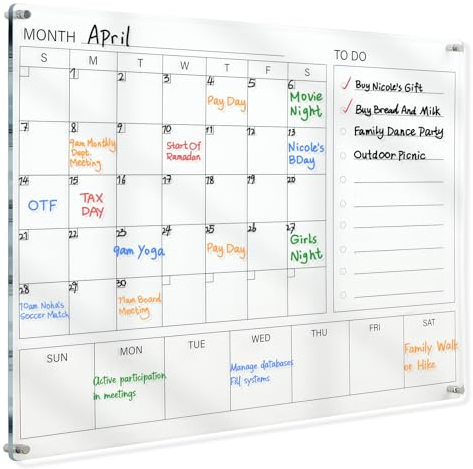 MAKELLO Whiteboard Calendar for Wall, Acrylic Weekly and Monthly Planner for Office, School, Home, Bedroom, Kitchen, 4 Pens, Pen Holder, Wall Mounted Screws, 80x60cm