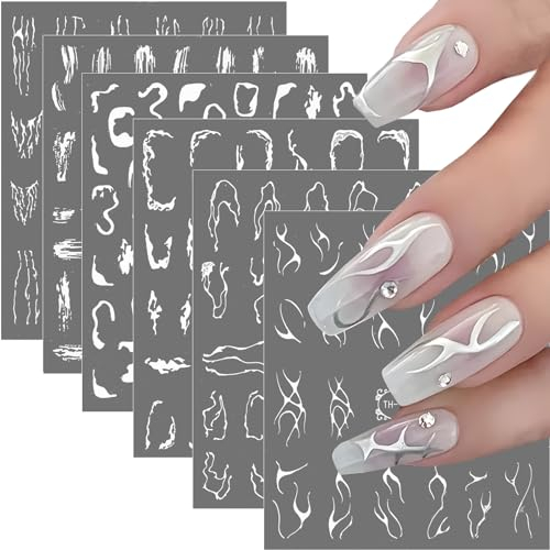 Marble Line 6-Sheet Nail Art Stickers - Silver Mix Self-Adhesive DIY Nail Decals for Women & Girls