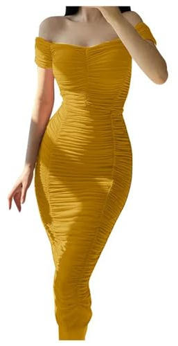 ARESU Ladies Short Sleeve Slash Neck Ruched Dress for Women Sexy Off Shoulder Backless Bodycon Long Dress Club Wear-Yellow-L