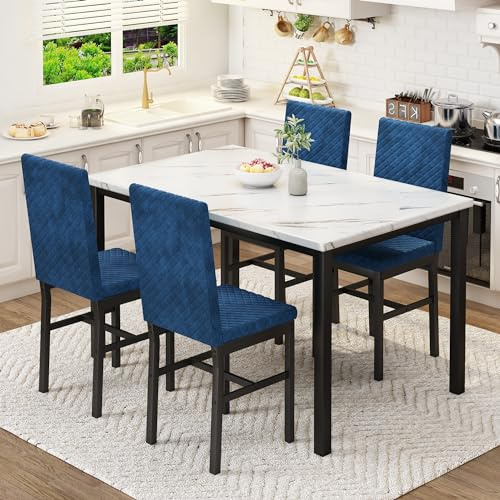 HOOSENG Dining Table and Chairs Set 4, Faux Marble Tabletop with 4 Upholstered Velvet Chairs, Kitchen Table Set for Apartment, White & Blue