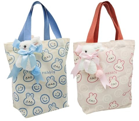 2 Stück Ostertüten Zum Befüllen, Kinder Osterhasen Tasche, Niedlich Leinwand Hasenbeutel, Ostergeschenktaschen, Osterkörbchen-Rosa&Blau