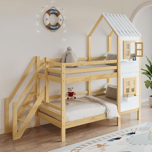 CGLYYDS Etagenbett 90 x 200cm, Kinderbett mit Rausfallschutz und Lattenrost,Rahmen aus massivem Kiefernholz,Kinderzimmer Hoch-Doppel-Stockbett,A
