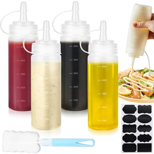 CoKeeSun 4PCS Sauce Bottle 16oz, Squeeze Bottle 500ml, Reusable Squeezy Bottles with Nozzles, Sauce Bottles with Cleaning Brush Sticker for Condiment Ketchup BBQ Olive Oil Salad Dressing (4 PCS)