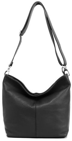 Made in Italy Damen Leder Tasche Umhängetasche Shopper Cross Over Body Bag Handtasche Ledertasche Schultertasche Hobo Bag Schwarz