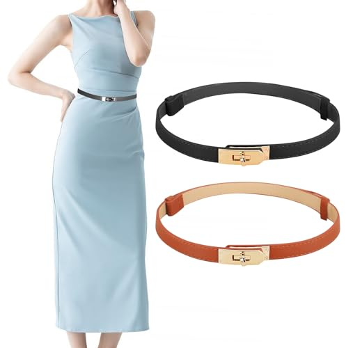 MJFENDAI 2 Stück Damen Gürtel, Skinny Frauen Ledergürtel Verstellbarer PU Leder Gürtel mit goldener Kreisschnalle, Taillengürtel Damen für Kleider, Hose, Jeans