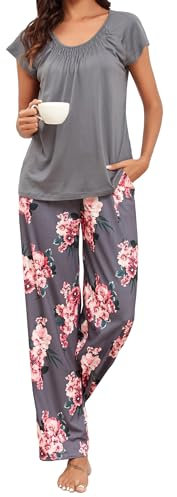 Famulily Women’s Pyjamas Boat Neck Short Sleeve Top&Wide Leg Pants with Pockets Loungewear Dark Grey 2XL