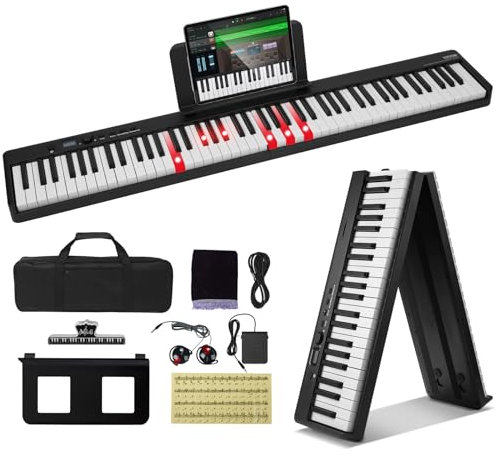 VEVOR Teclado de Piano Plegable 88 Teclas Bluetooth y MIDI Piano Electrónico Digital Portátil con Pedal de Sostenido Teclas Iluminadas Recargable para Principiantes, Adolescentes, Adultos, Negro