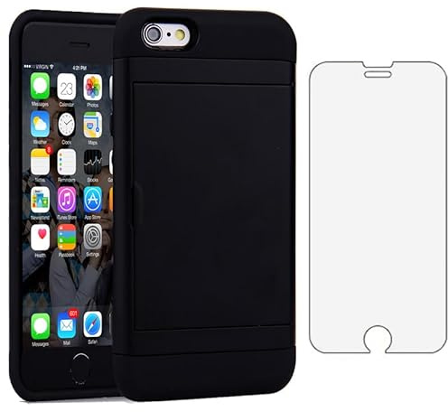 Asuwish Phone Case for iPhone 6 6s with Tempered Glass Screen Protector Cover and Accessories Card Holder Slot Hybrid TPU Cell iPhone6 Six i6 S iPhone6s i Phone6s Phone6 6a S6 6SE Women Men Black