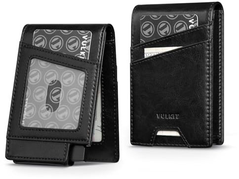 VULKIT Porte Cartes Hommes pour Max. 12 Cartes avec Étui d'éjection de Cartes Bancaires RFID Blocage et Double Fenêtre d'Identification, Noir