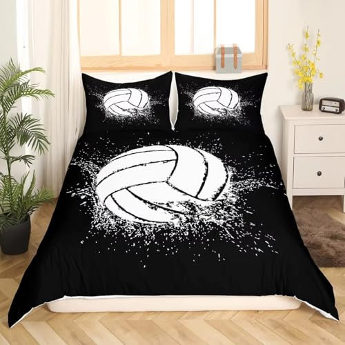 BJCJGGL Bettwäsche 135x200 Schwarzer Volleyball Bettwäsche-Set mit Reißverschluss Schließung und 2 Kopfkissenbezug 80x80 cm - Weicher Atmungsaktive Mikrofaser Bettbezug für Kinder Mädchen