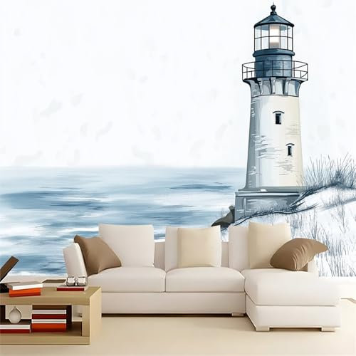 Fototapete Schlafzimmer Aquarell Einfacher Leuchtturm, 300 x 210 cm Vlies Tapeten (Nicht Selbstklebend) UV-Beständig Geruchsfrei für Wohnzimmer Kinderzimmer Büro Vliestapete Wandtapete, Weiß Grau