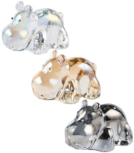 Arikyrist 3 PCS Crystal Hippo Figurines Gifts for Animal Lovers Ornaments | 3 pcs 2.8in Crystal Hippo Figurines Glass Hippopotamus Gifts Paperweight Ornaments for Table Centrepiece (Clear Gray Golden)