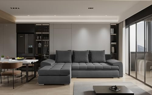Kaiser Möbel - Ecksofa mit Schlaffunktion und Bettkasten - Tomi Couch für Wohnzimmer - Wohnlandschaft L Form - Easy-Clean Stoff Castel - 150x237x85cm - LinksDunkelgrau