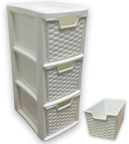 SIDSONS 3 Tier Rattan Drawers - Multipurpose Storage Organization, Modular Medium Storage Tower For Home, Office, Garage, White Desktop Drawer, Rattan Effect 48cm Height x 25cm Depth x 19cm Width (1)