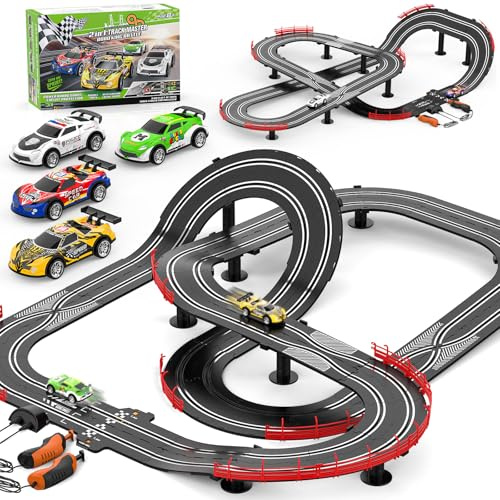 2 in 1 Slot Car Race Track Sets with 4 Slot Cars, 1:43 Electric Car Track for Boys, Dual Racing Game Lap Counter Circular Slope Track Sets, Birthday Gifts Toys for Boys Kids Ages 6 7 8 9 10 11 12