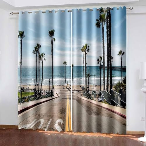 Epinki Vorhang Blickdicht Thermo Gardinen mit Ösen Multicolor 2er Pack, Kokosnussbaum Meeresufer Verdunklungsvorhang Ösenschal, Vorhänge für Wohnzimmer Kinderzimmer Schlafzimmer H115 x B86 cm