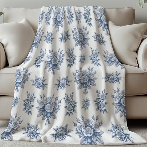 GLOBLELAND Blauer Vintage Blumen Wurfdecke 59 × 51 Zoll Rosen Weiche Gemütliche Flanelldecke Waschbare Kuschelige Bettdecke Für Zuhause Büro Zimmer Sofa Stuhl