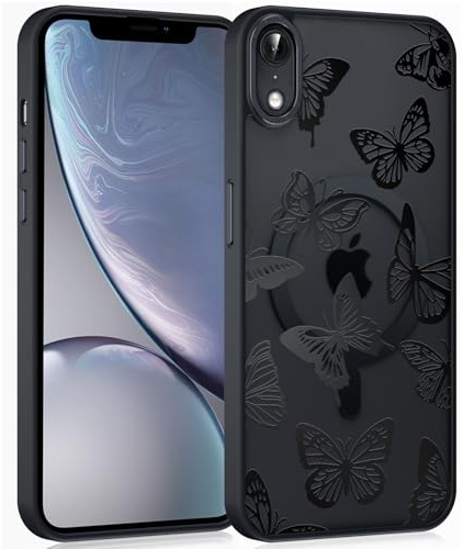 Coiwxmoi Magnetische Handyhülle für iPhone XR 6,1 Hülle, Kompatibel mit MagSafe, Aesthetic Schmetterlinge Muster Transluzente Mädchen Case, Matte PC TPU Bumper Stoßfest Schutzhülle Cover - Schwarz