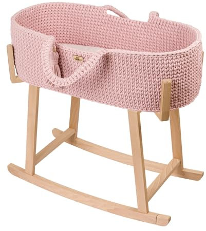 LIL'THINGS Moseskorb Set mit Schaukelgestell – Handgefertigt aus Baumwolle & Buchenholz – Mit Matratze & Wippfunktion – Komplettset - 77x37x23 cm - Rosa/Holz