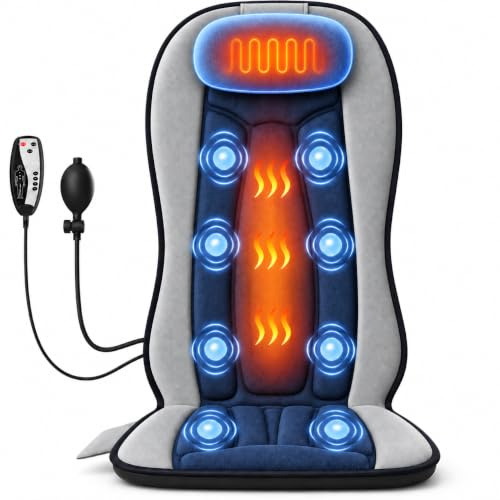 comrelax Vibration Back Massager for Chair with Heat, Massage Seat Cushion with Adjustable Neck Support Pillow & Heating Zones, Short Plush Cover Comfortable Pad for Office & Home, Gift for Dad & Mom