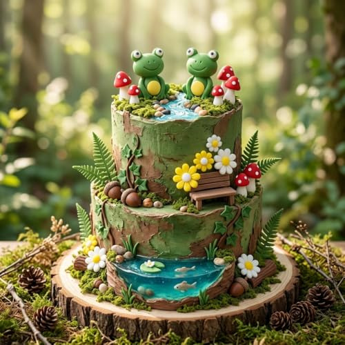 LaVenty Frog Cake Decoration Frog Mushroom Cottage Cake Topper | Garden Daisy Cake Decoration Garden Party Decoration Cottage Woodland Birthday