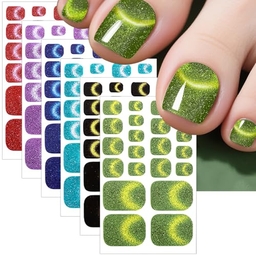 6 fogli/132 pezzi glitterati per unghie dei piedi con occhi di gatto adesivi per unghie dei piedi, pellicola colorata per unghie dei piedi, 22 punte per unghie dei piedi Cat Eye Toenail Stickers Nail